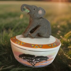 Lenox Vtg 1994 Baby Elephant Music Box Aztec Pattern‎ Africa Sunset Baby Gift
